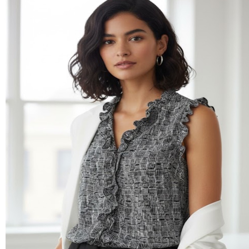 DKNY Black & White Geometric Ruffle Tank | Sleeveless Mod Shell (Small)